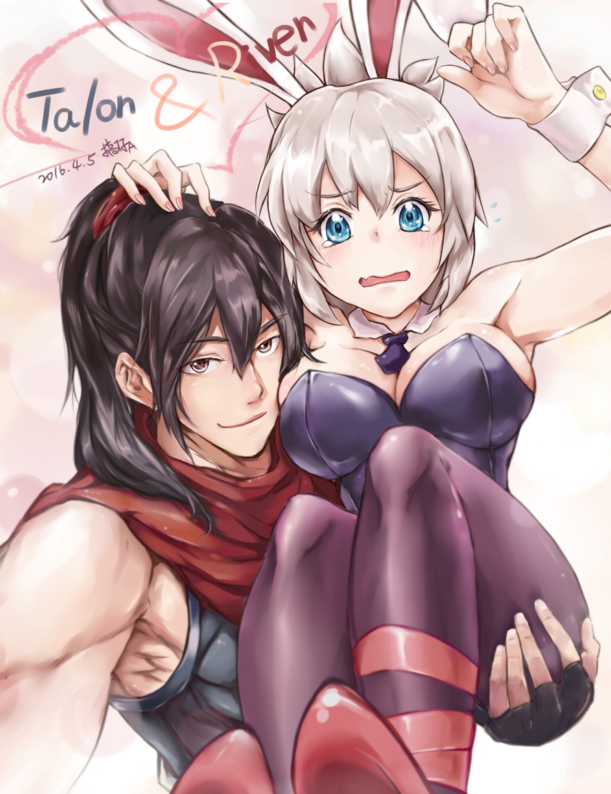 1boy, 1girl, animal_ears, armpits, artist_name, bare_shoulders, blue_eyes, blush