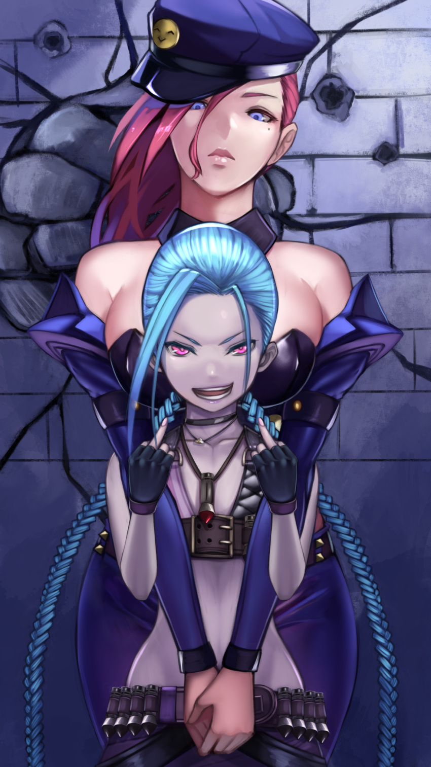 2girls, bare_shoulders, blue_hair, braid, fingerless_gloves, gloves, highres, hoshara, hug, hug_from_behind, jewelry, jinx_(league_of_legends), league_of_legends, looking_at_viewer, middle_finger, multiple_girls, necklace, open_mouth, pink_eyes, pink_hair, police, police_uniform, twintails, uniform, vi_(league_of_legends), violet_eyes