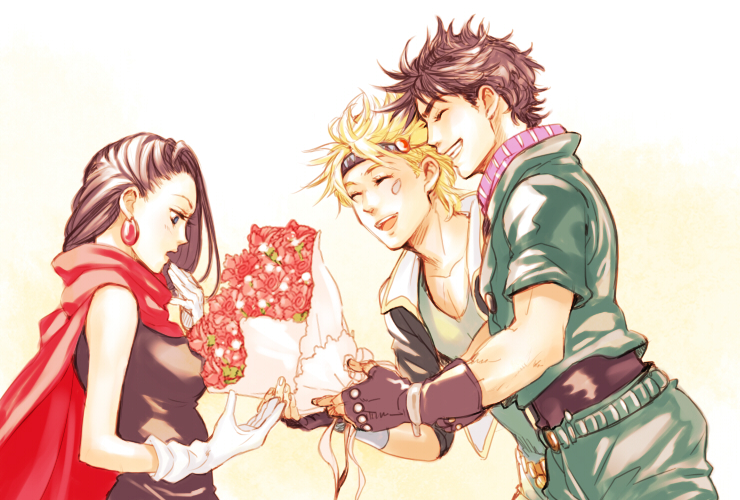 black_hair, blonde_hair, blue_eyes, bouquet, caesar_anthonio_zeppeli, earrings, fingerless_gloves, flower