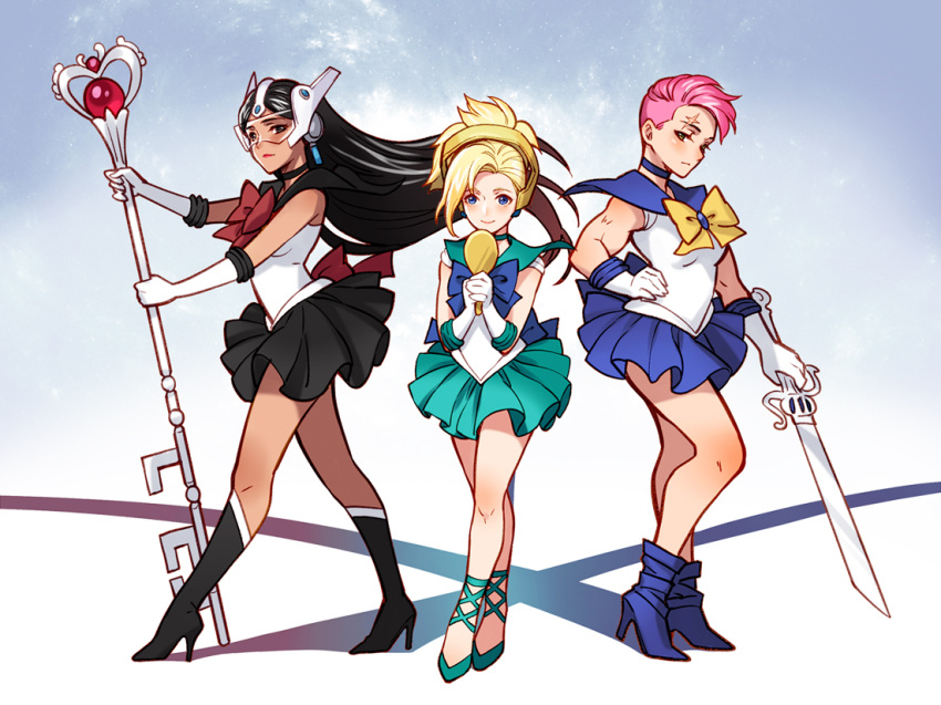 3girls, biceps, bishoujo_senshi_sailor_moon, black_hair, blonde_hair, cosplay, dark_skin, eclosion, gloves, hand_mirror, high_heels, mercy_(overwatch), mirror, multiple_girls, oohara_sayaka, outer_senshi, overwatch, pink_hair, sailor_collar, sailor_neptune, sailor_neptune_(cosplay), sailor_pluto, sailor_pluto_(cosplay), sailor_senshi, sailor_uranus, sailor_uranus_(cosplay), seiyuu_connection, short_hair, skirt, staff, sword, symmetra_(overwatch), toned, visor, weapon, white_gloves, zarya_(overwatch)