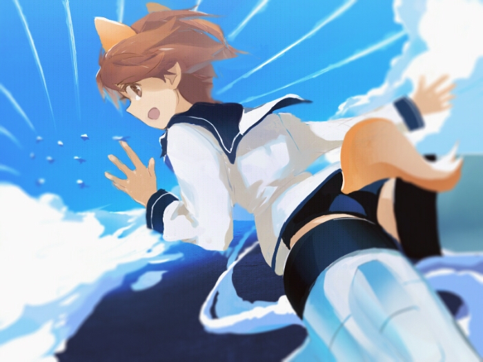 animal_ears, brown_hair, clouds, commentary_request, looking_back, miyafuji_yoshika, ocean, sailor, school_uniform, shiraba_(sonomama_futene), short_hair, strike_witches, striker_unit, tail