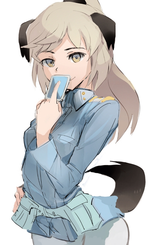 1girl, animal_ears, belt, blonde_hair, card, commentary_request, dog_ears, laura_nissinen