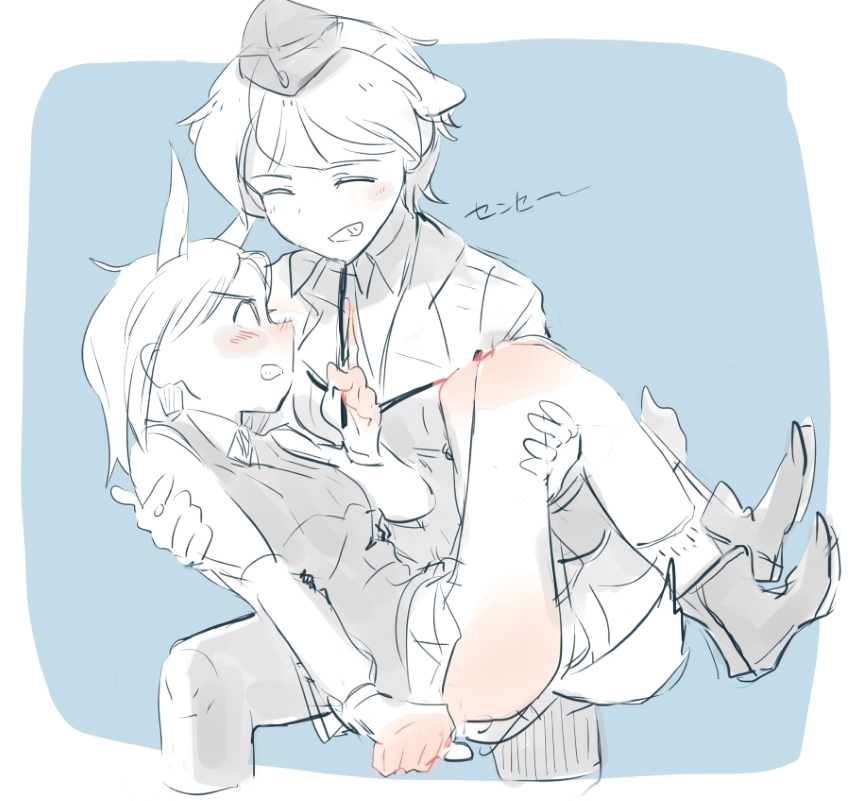 2girls, 502nd_joint_fighter_wing, animal_ears, blush, carrying, commentary_request, edytha_rossmann, grin