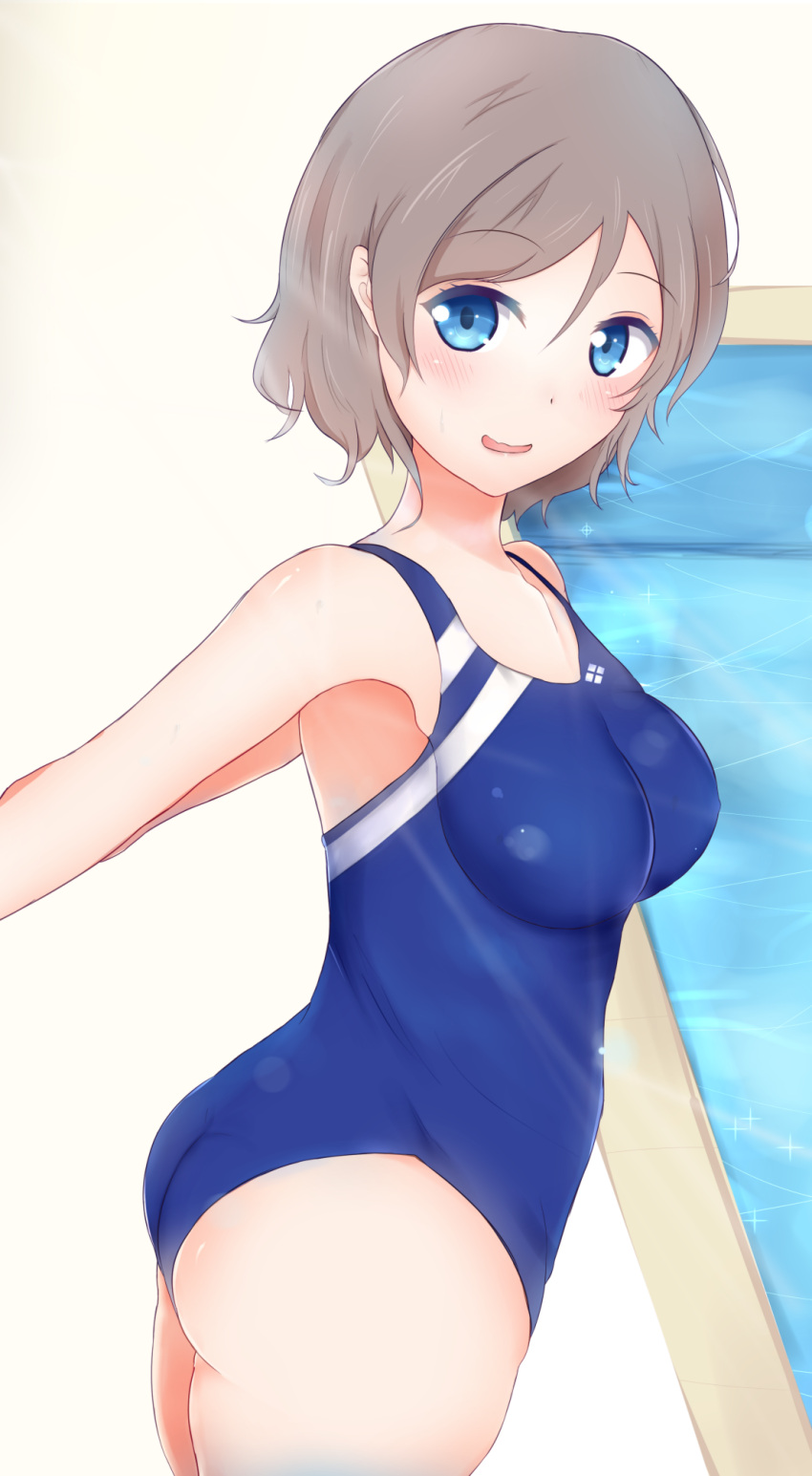 1girl, arms_behind_back, ass, blue_eyes, blush, breasts, brown_hair, competition_school_swimsuit, competition_swimsuit, cowboy_shot, highres, looking_at_viewer, love_live!, love_live!_sunshine!!, mitsuba_(watergarden), one-piece_swimsuit, open_mouth, pool, poolside, short_hair, sketch, smile, solo, standing, swimsuit, watanabe_you, water