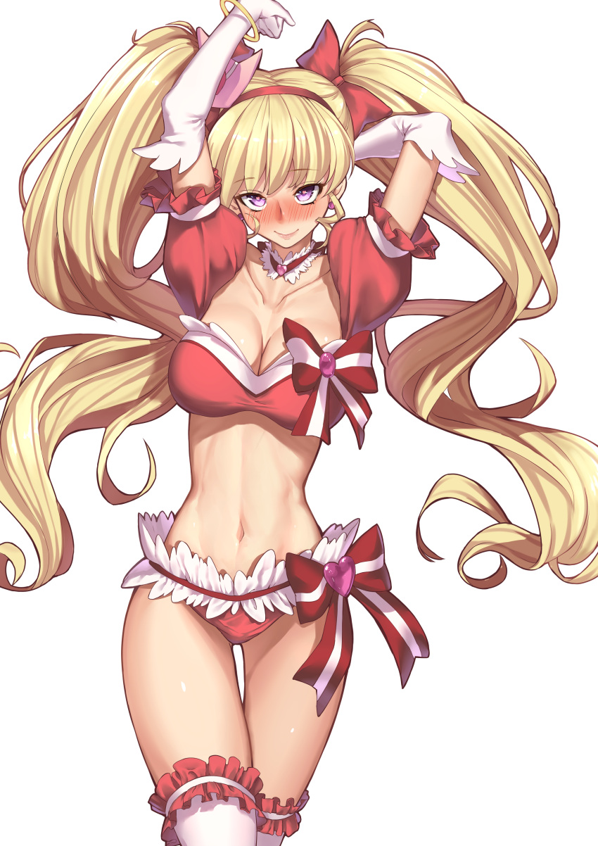 1girl, absurdres, adapted_costume, arms_up, asahina_mirai, bangs, blonde_hair, blush