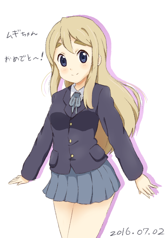 1girl, blonde_hair, blue_eyes, happy_birthday, k-on!, kotobuki_tsumugi, long_hair, school_uniform, smile, standing, sync_(id_12519877)