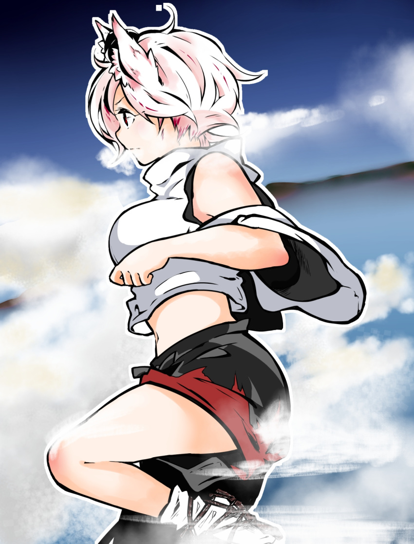 1girl, flying, highres, inubashiri_momiji, kitsune_(koma), midriff, sky, solo, touhou