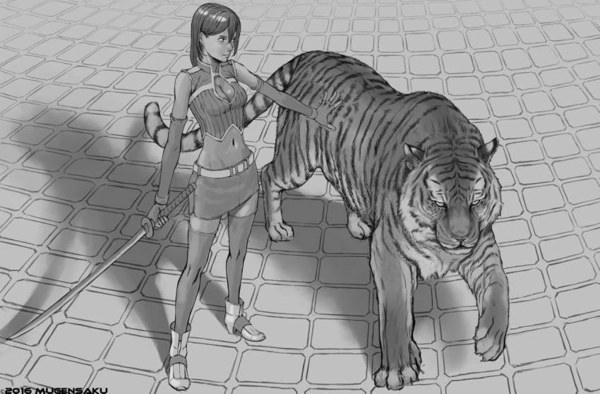 1girl, 2016, artist_name, bare_shoulders, belt, breasts, cleavage, cleavage_cutout, dated, elbow_gloves, from_above, gloves, greyscale, high_heels, midriff, miniskirt, monochrome, mugensaku, navel, skirt, thigh-highs, tiger