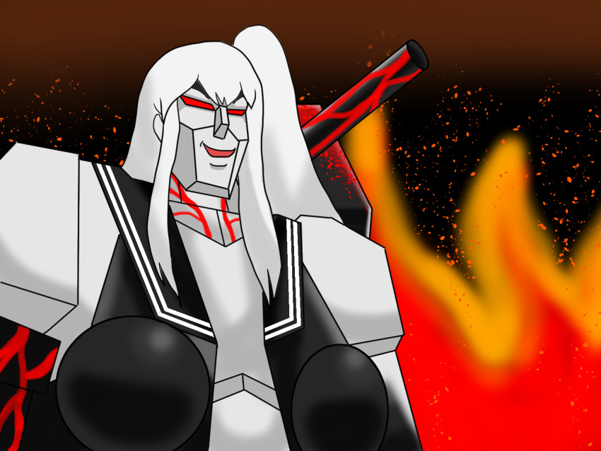 80s, aircraft_carrier_hime, breasts, cannon, decepticon, glowing, glowing_eyes, kantai_collection, large_breasts, long_hair, machine, machinery, mecha, megatron, no_humans, oldschool, one_side_up, open_mouth, pale_skin, red_eyes, robot, science_fiction, sessou.ne.jp, shinkaisei-kan, smile, solo, torn_clothes, transformers, very_long_hair, weapon, white_hair, white_skin