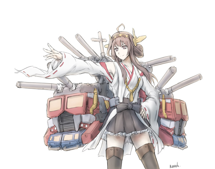 1girl, 80s, ahoge, autobot, bare_shoulders, brown_hair, cannon, crossover