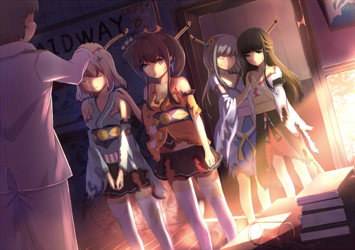 1boy, 4girls, admiral_(zhan_jian_shao_nyu), akagi_(zhan_jian_shao_nyu), battle_of_midway, hiryuu_(zhan_jian_shao_nyu), kaga_(zhan_jian_shao_nyu), multiple_girls
