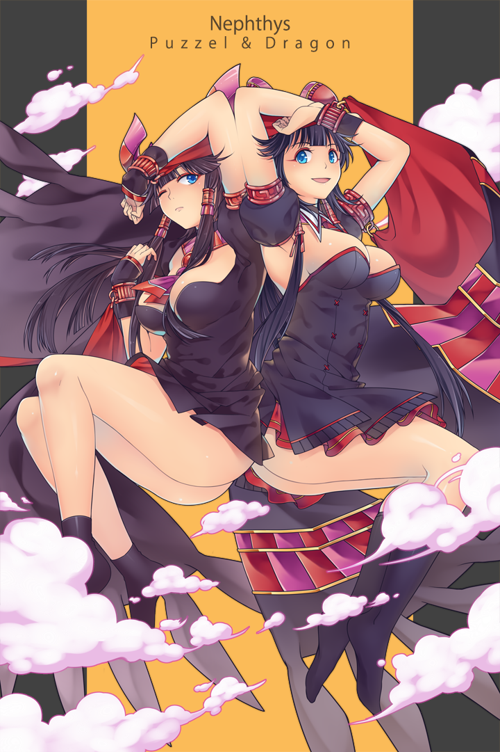 2girls, :d, ;(, armlet, armpits, arms_up, ass, bangs