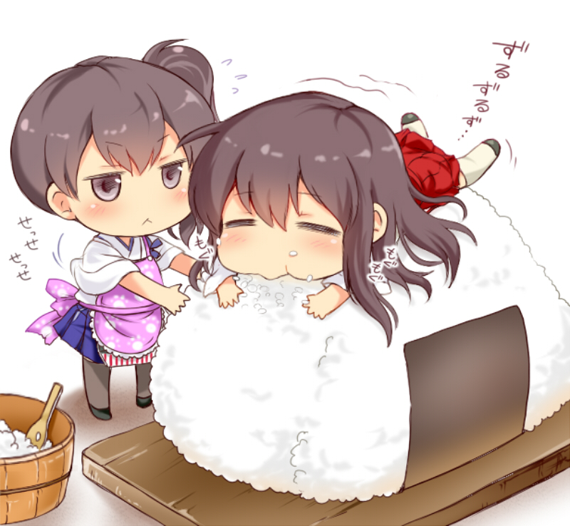 2girls, :<, akagi_(kantai_collection), apron, black_eyes, black_hair, chibi, closed_eyes