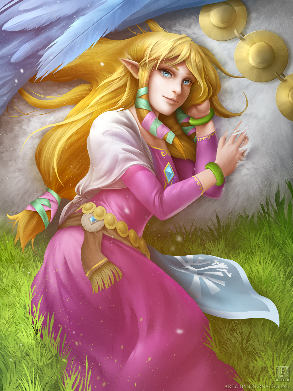 1girl, blonde_hair, blue_eyes, bracelet, eternal_legend, grass, highres, jewelry