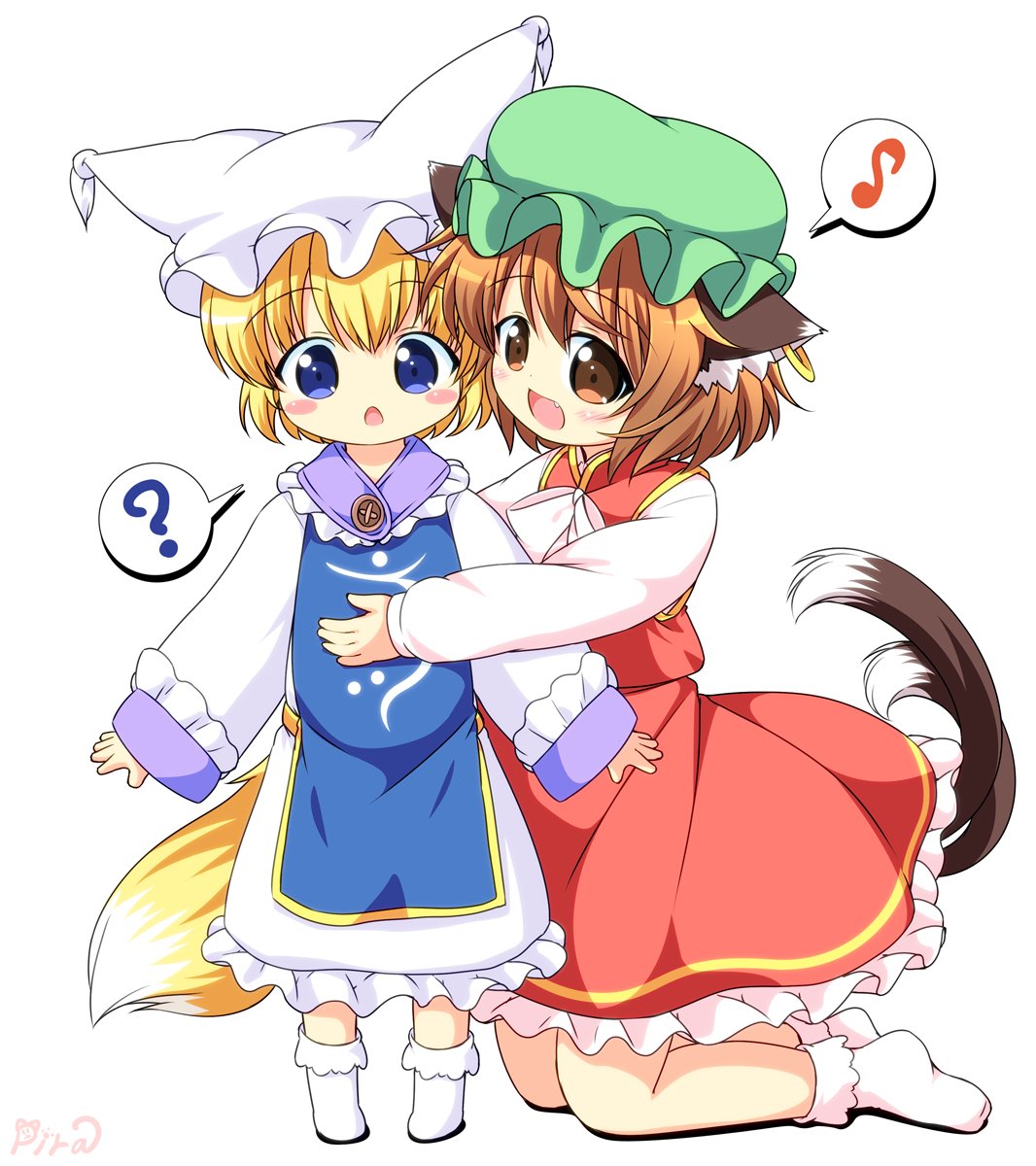 2girls, :d, :o, ?, animal_ears, blonde_hair, blue_eyes, brown_eyes