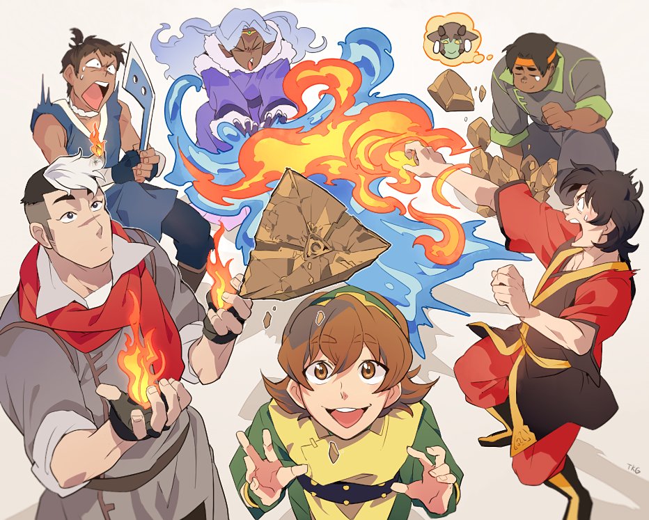 2girls, 4boys, artist_name, avatar:_the_last_airbender, black_hair, bolin, bolin_(cosplay), boomerang, boots, brown_eyes, brown_hair, coat, company_connection, cosplay, dark_skin, earth_(element), fire, fur_trim, headband, hunk_(voltron), hyakujuu-ou_golion, katara, katara_(cosplay), keith_(voltron), lance_(voltron), long_hair, mako_(avatar), mako_(avatar)_(cosplay), multicolored_hair, multiple_boys, multiple_girls, pidge_gundarsson, princess_allura, scarf, smile, sokka, sokka_(cosplay), t_k_g, takashi_shirogane, the_legend_of_korra, thought_bubble, toph_bei_fong, toph_bei_fong_(cosplay), two-tone_hair, voltron:_legendary_defender, water, zuko, zuko_(cosplay)