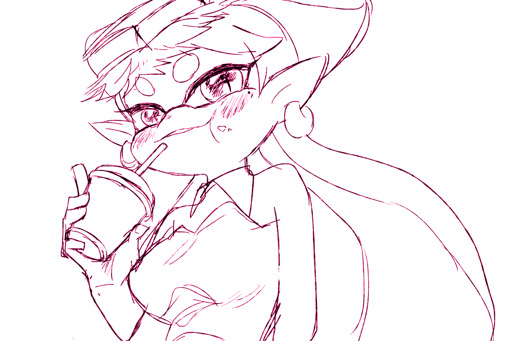 +_+, 1girl, aori_(splatoon), blush, detached_collar, domino_mask, dress, drink, drinking_straw, earrings, eating, food, food_on_face, food_on_head, gloves, jewelry, long_hair, mask, mole, mole_under_eye, mw_land, object_on_head, open_mouth, pointy_ears, short_hair, sketch, smile, splatoon, tentacle_hair