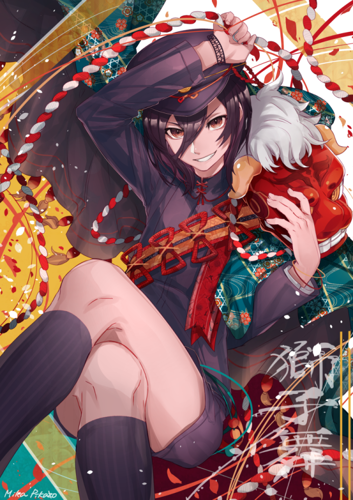 1boy, artist_name, black_hair, brown_eyes, crossed_legs, dragon_dance, hat, kneehighs, male_focus, mika_pika_zo, original, peaked_cap, rope, shide, shorts, sitting, smile