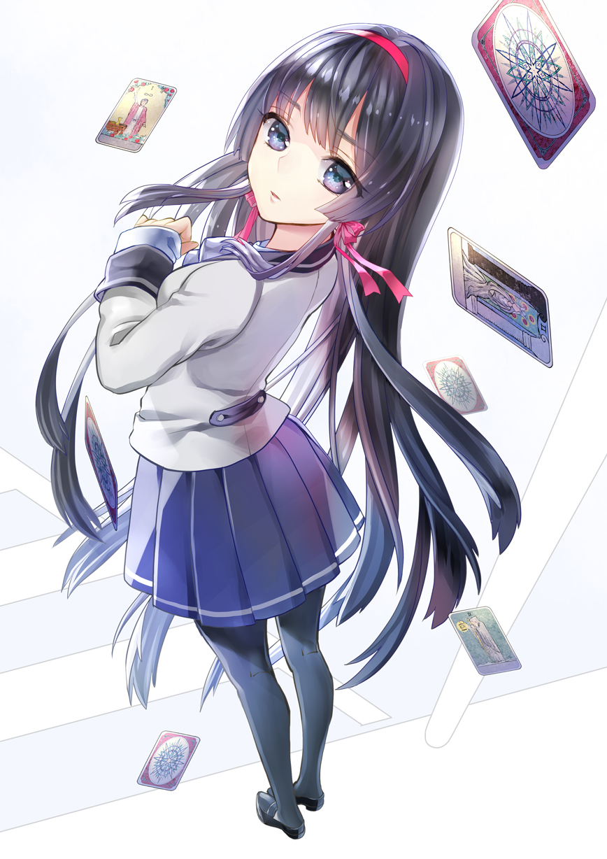 1girl, black_eyes, black_hair, black_legwear, black_shoes, breasts, card, from_behind