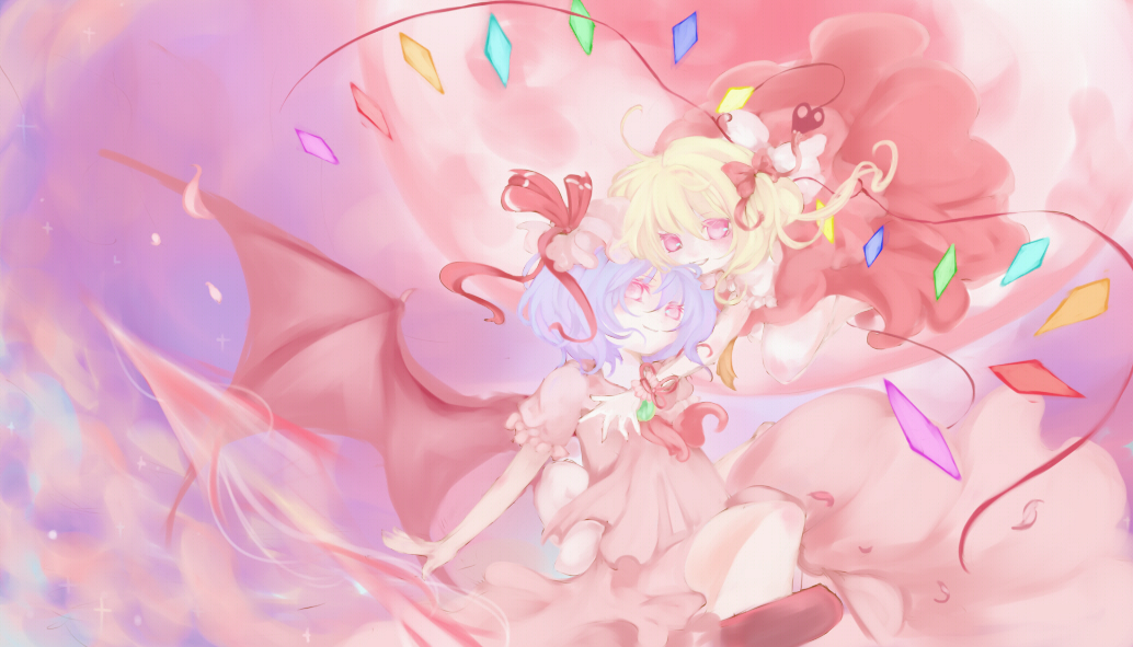 blonde_hair, blue_hair, dress, flandre_scarlet, hat, moon, multiple_girls, petals