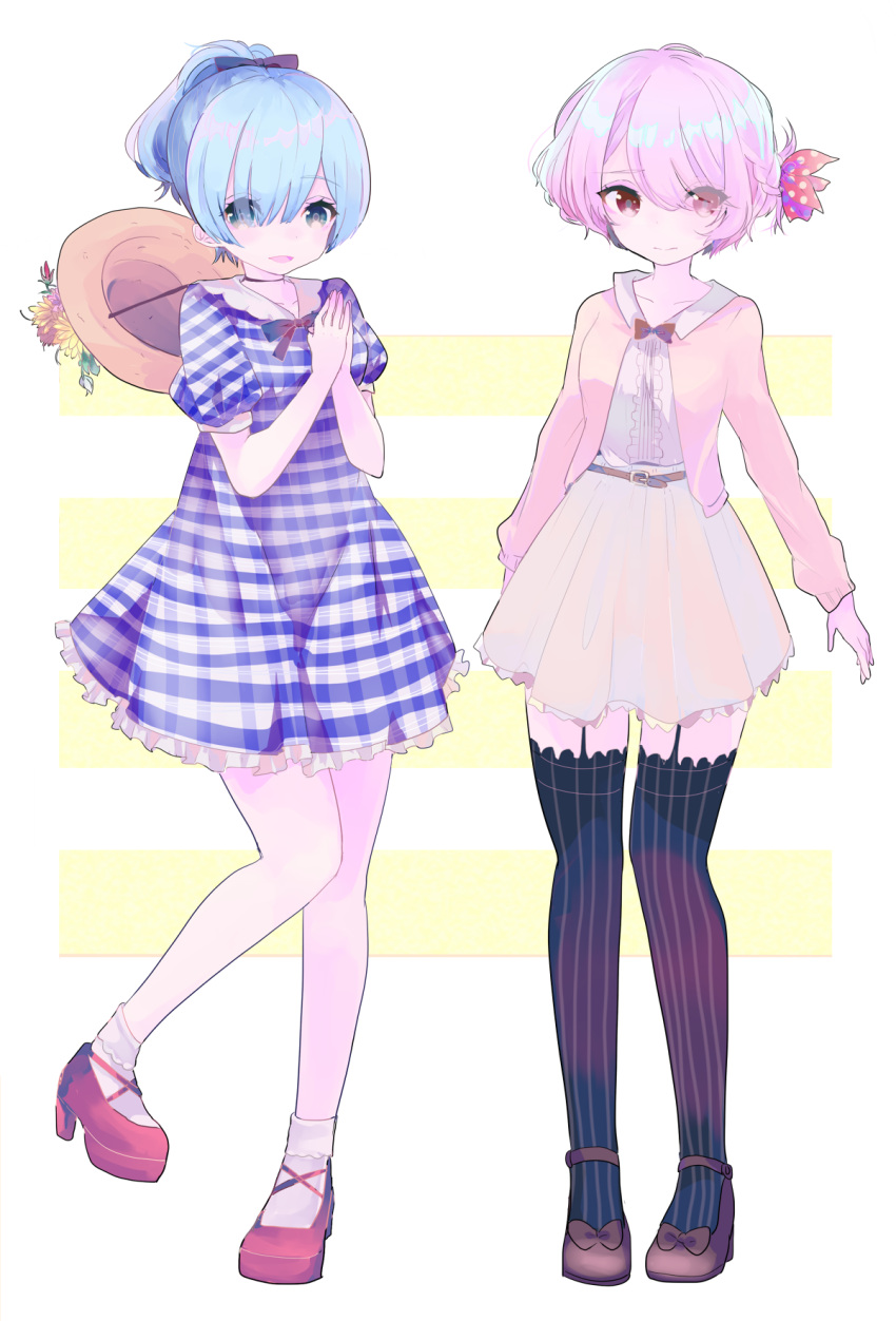 2girls, :>, :d, alternate_costume, alternate_hairstyle, black_legwear, blue_bow, blue_eyes