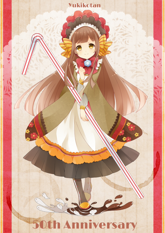 1girl, anniversary, bonnet, bow, brown_eyes, brown_hair, character_name, closed_mouth, dress, drinking_straw, english, floral_print, full_body, hair_bow, head_tilt, lace_background, long_hair, long_sleeves, number, original, red_bow, smile, solo, striped, striped_bow, very_long_hair, yellow_bow, yellow_eyes, yukico-tan, yukijirushi, yuni_(irohasuiroiro)