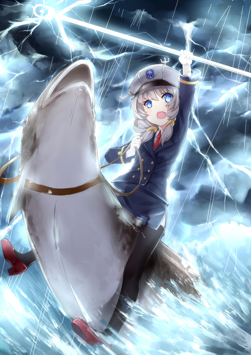 1girl, absurdres, action, anchor, arm_up, backlighting, black_legwear, blazer