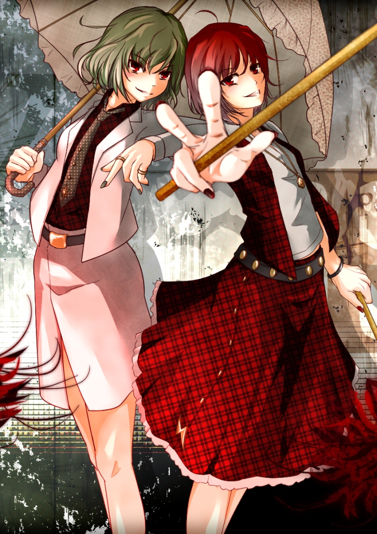 2girls, cosplay, costume_switch, drumsticks, green_hair, horikawa_raiko, horikawa_raiko_(cosplay), jacket
