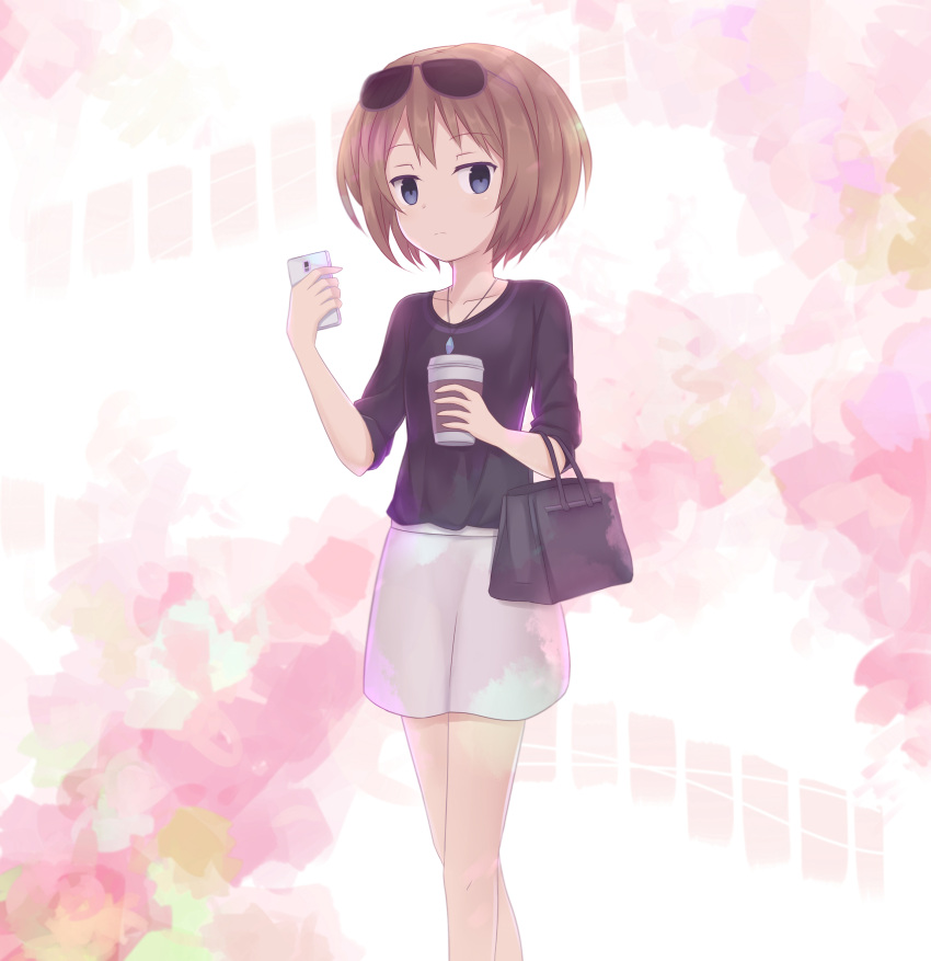 1girl, absurdres, bag, blanc, blue_eyes, brown_hair, caeolin, casual