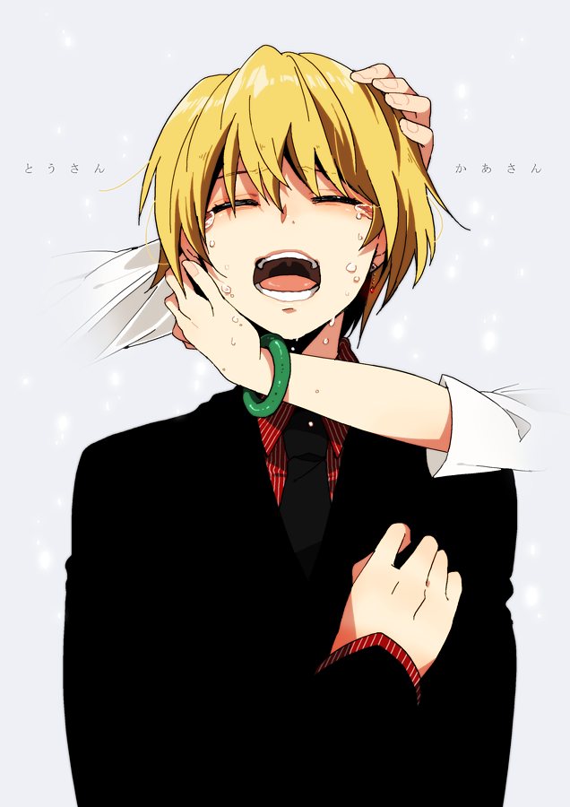 1boy, bangs, black_jacket, black_necktie, blonde_hair, bracelet, closed_eyes, collared_shirt