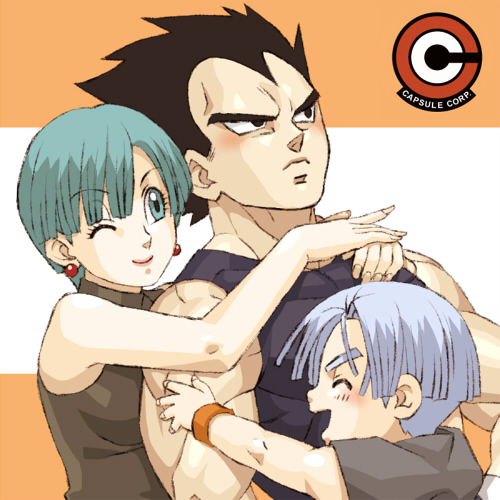 bulma, dragon_ball, dragon_ball_z, family, happy, hug, lowres, smile