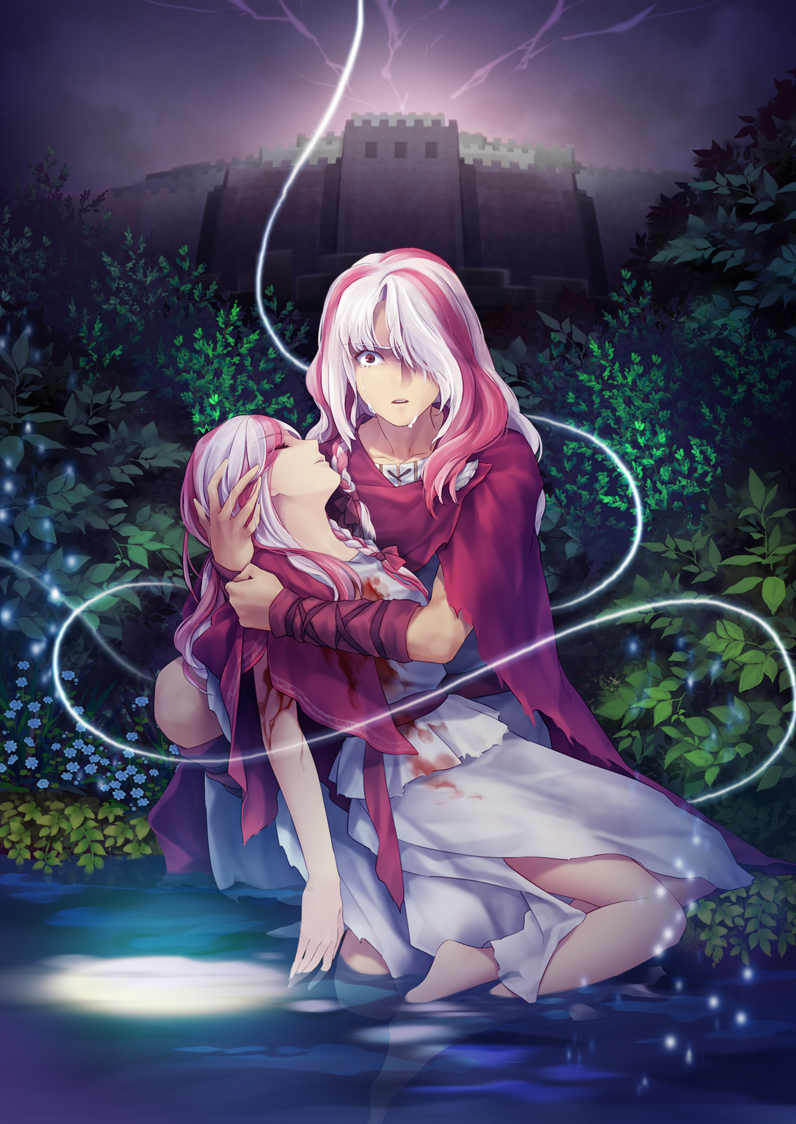 1boy, 1girl, arm_guards, artemisia, bangs, bare_arms, barefoot, blood