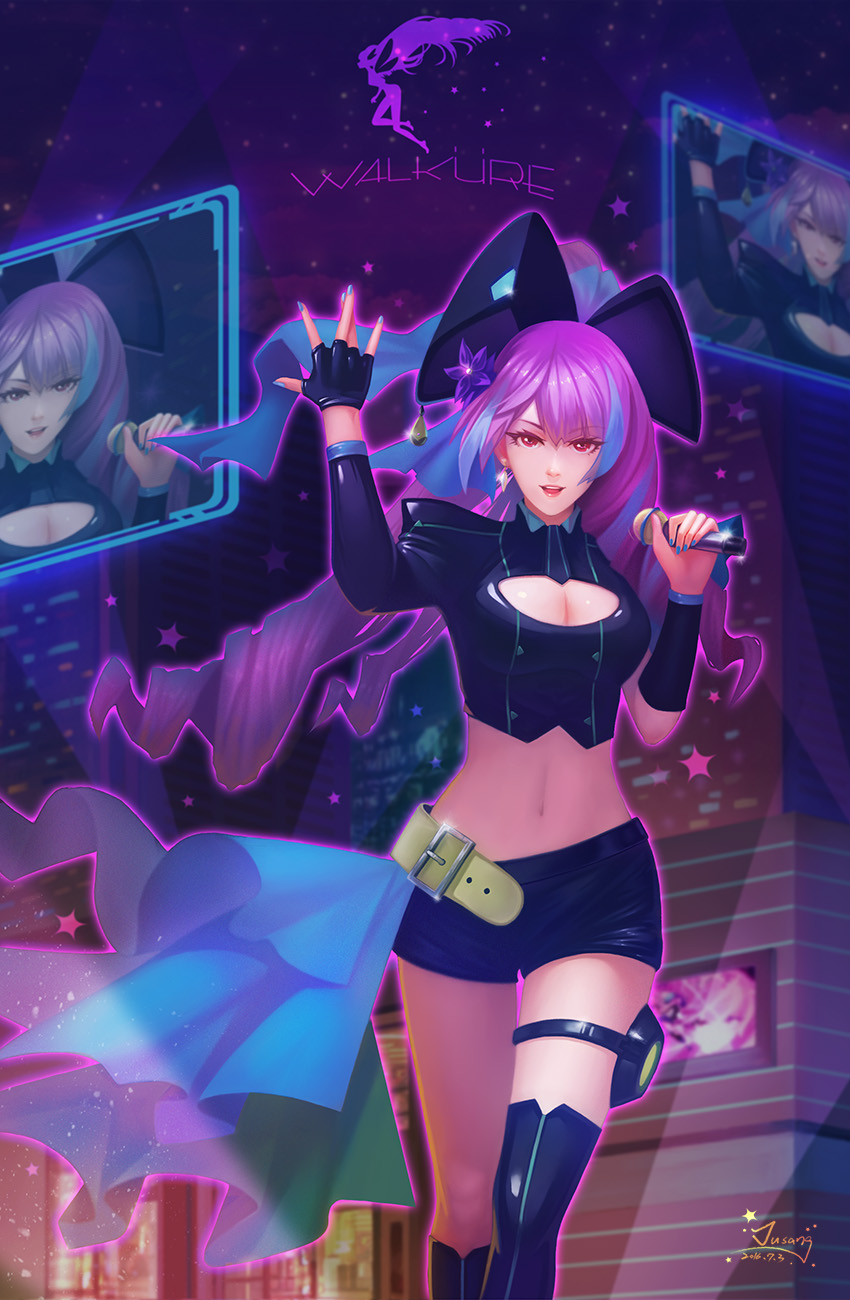 1girl, 2016, asymmetrical_footwear, bangs, belt, belt_buckle, black_boots, black_bow, black_shirt, black_shorts, blue_hair, blue_nails, blue_ribbon, blurry, boots, bow, breasts, buckle, building, cleavage, cleavage_cutout, crop_top, crystal_earrings, dated, depth_of_field, earrings, eyebrows, eyebrows_visible_through_hair, eyelashes, fingerless_gloves, floating_screen, flower, gloves, hair_flower, hair_ornament, hair_ribbon, hand_up, highres, holding_microphone, jewelry, light_particles, long_hair, long_sleeves, looking_at_viewer, macross, macross_delta, medium_breasts, microphone, midriff, mikumo_guynemer, multicolored_hair, nail_polish, navel, night, open_\m/, open_mouth, ousang, outline, purple_hair, red_eyes, ribbon, shade, shirt, shorts, signature, silhouette, singer, single_thigh_boot, skyscraper, smile, solo, sparkle, stage_lights, standing, stomach, streaked_hair, thigh-highs, thigh_boots, thigh_gap, thigh_strap, very_long_hair