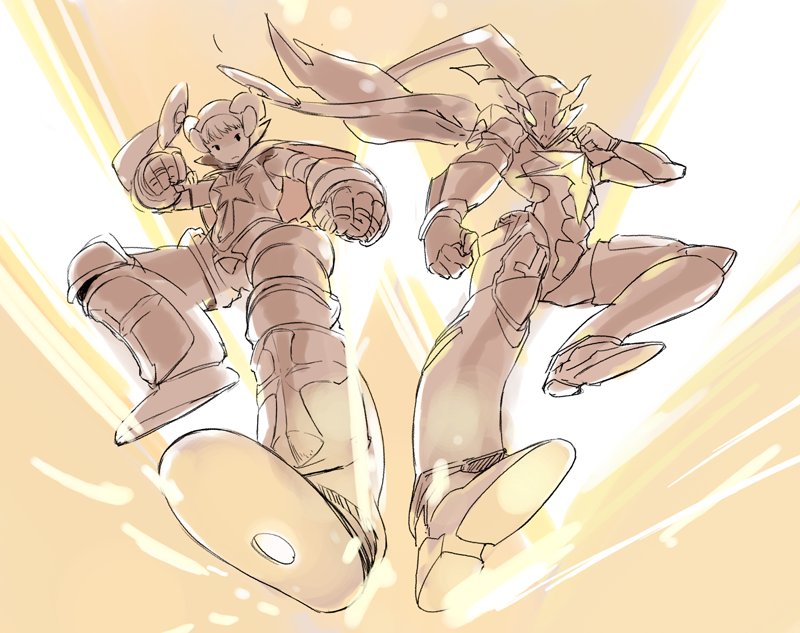 1boy, 1girl, android, bangs, commentary, commentary_request, foreshortening, granblue_fantasy, helmet, kicking, long_hair, masato_(mirai_koubou), robomi_(granblue_fantasy), sentai, shirou_(granblue_fantasy), twintails