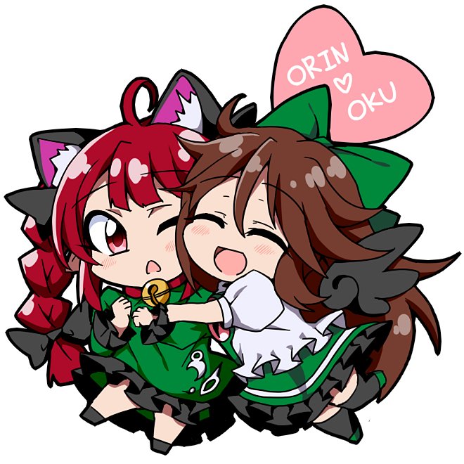 2girls, ^_^, animal_ears, bell, black_legwear, bow, braid, brown_hair