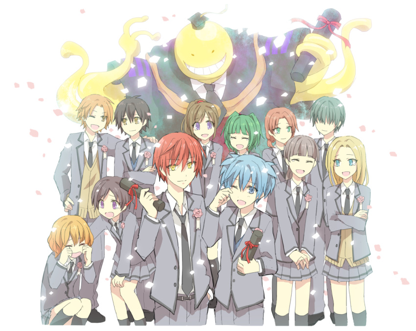 5boys, 6+girls, akabane_karma, ansatsu_kyoushitsu, cherry_blossoms, chiba_ryuunosuke, flower, graduation