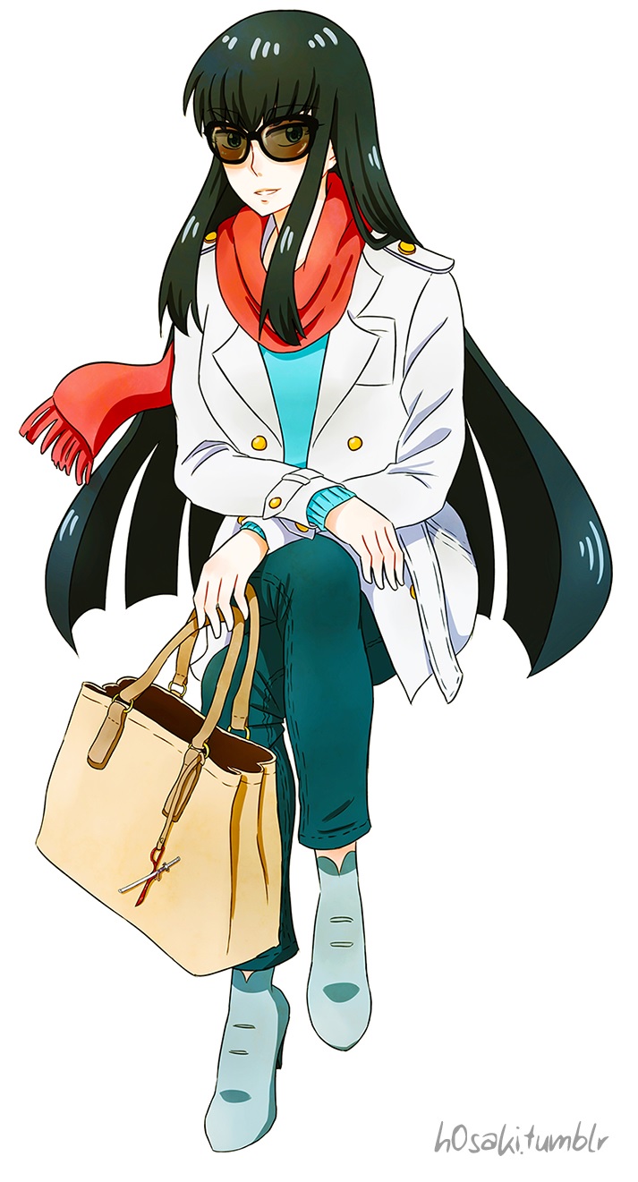 1girl, ankle_boots, black_hair, blue_eyes, blue_skirt, blush, boots, denim