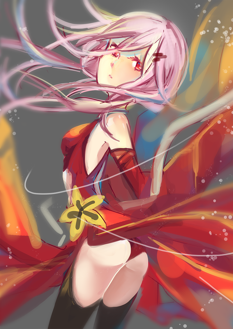 1girl, 71pen, ass, bare_shoulders, black_legwear, commentary_request, detached_sleeves, elbow_gloves
