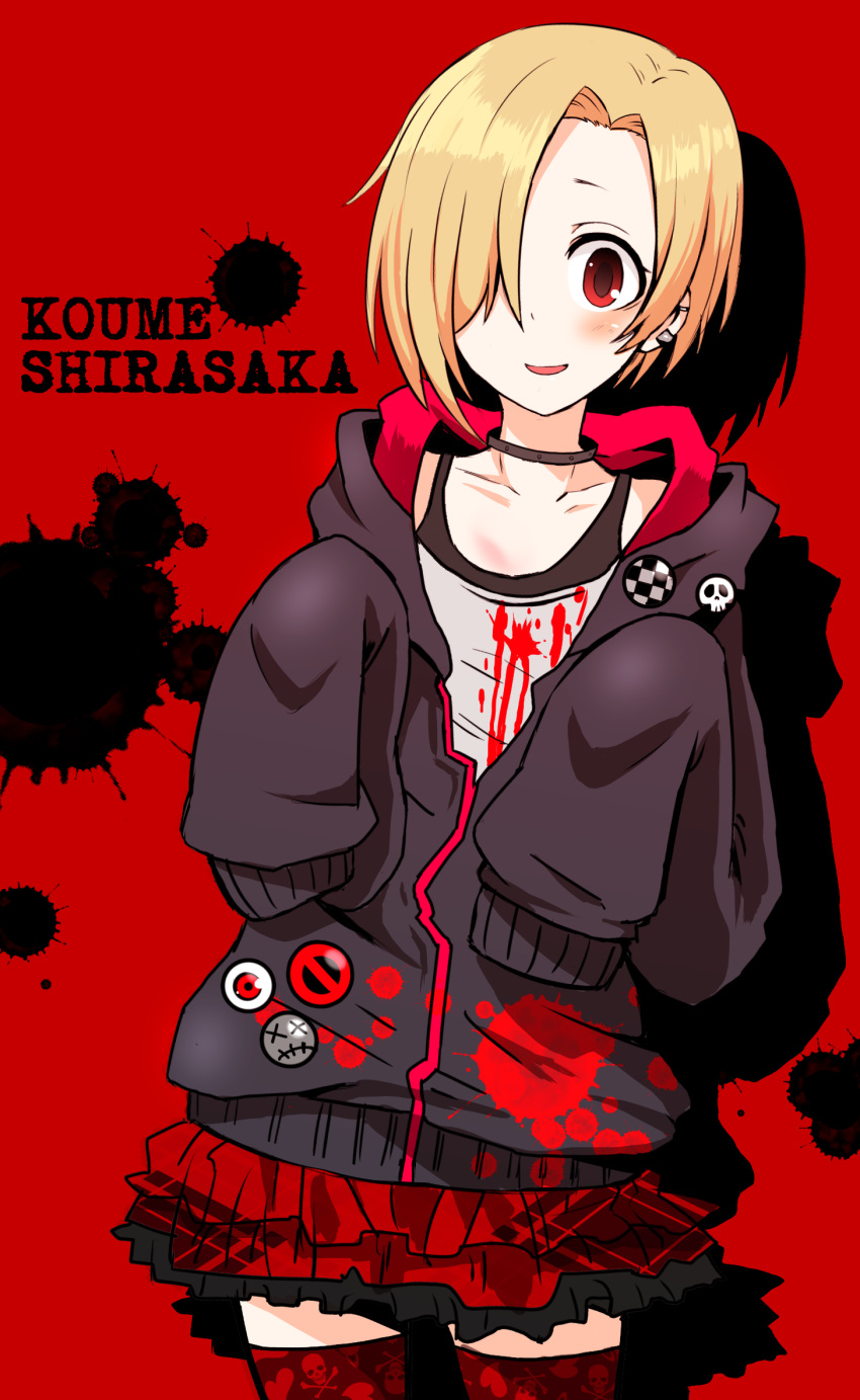 1girl, bags_under_eyes, blonde_hair, blush, character_name, choker, collarbone, commentary_request