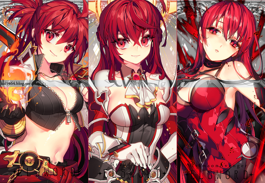 3girls, ahoge, armpits, belt, blazing_heart_(elsword), braid, breasts, brooch