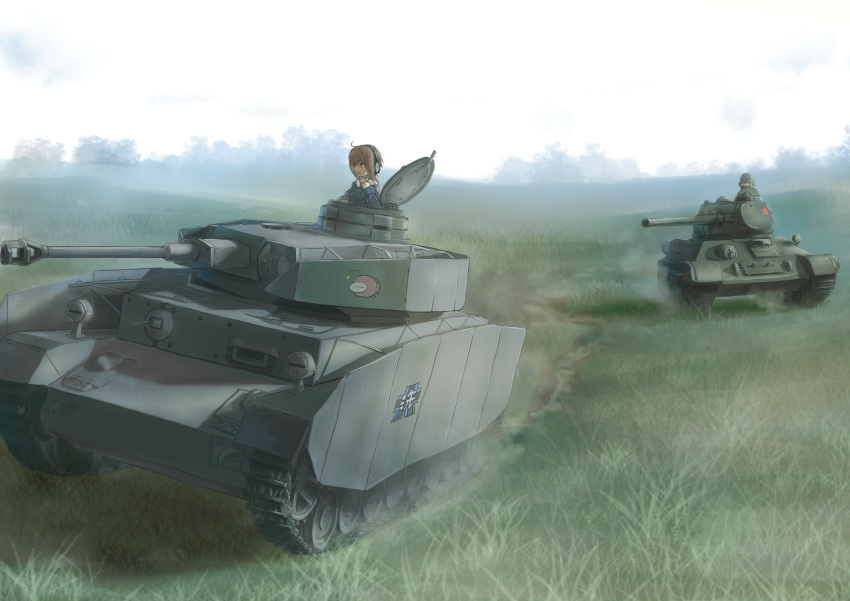 2girls, anglerfish, blonde_hair, brown_hair, emblem, girls_und_panzer, ground_vehicle, headphones
