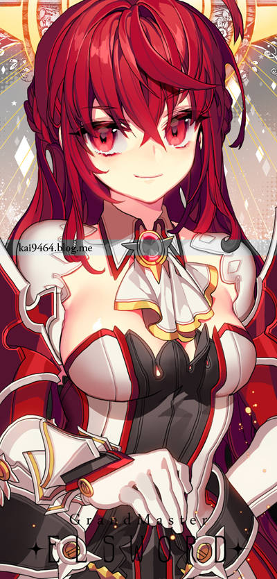 1girl, braid, brooch, copyright_name, cravat, elesis_(elsword), elsword, gloves