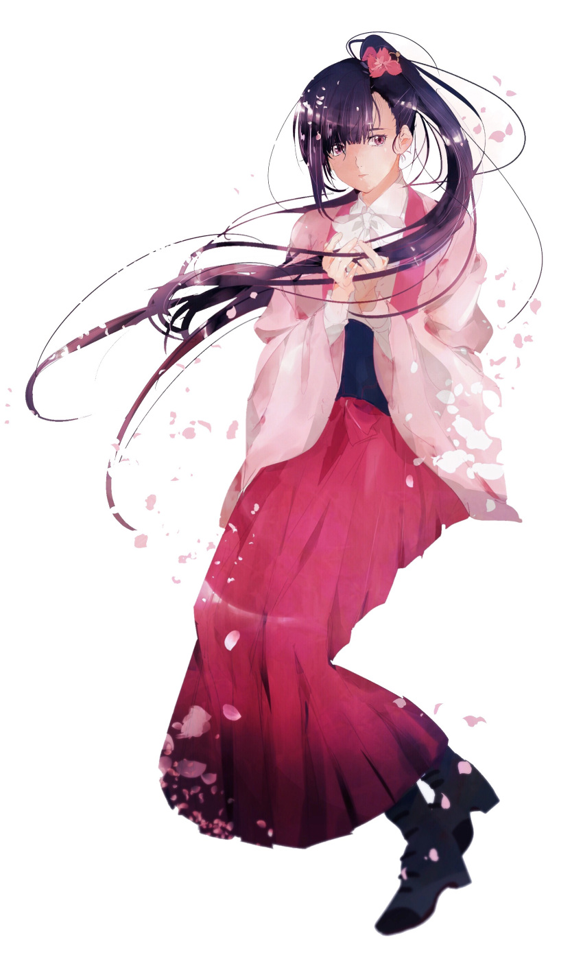 1girl, absurdres, black_hair, cherry_blossoms, flower, hair_flower, hair_ornament, highres