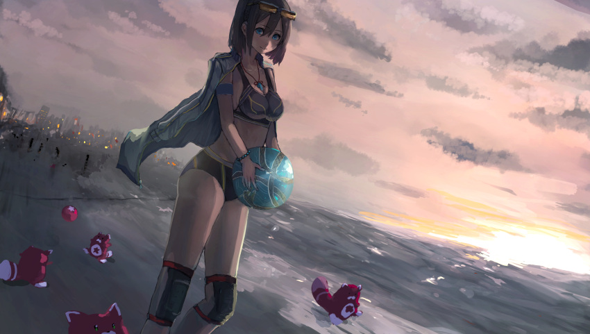 1girl, bikini, black_hair, breasts, cleavage, hair_over_one_eye, highres, holding_ball, jewelry, kumamoto_nomii-kun, necklace, outdoors, shironeko_project, shizuku_(shironeko_project), short_hair, sideboob, smile, solo, swimsuit