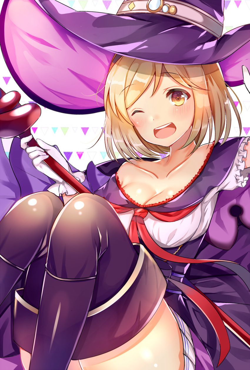 1girl, ;d, alternate_costume, bent_knees, black_legwear, blonde_hair, blush, collarbone