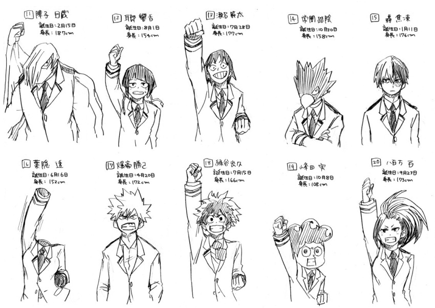 3girls, 6+boys, arm_up, bakugou_katsuki, boku_no_hero_academia, character_name, crossed_arms, extra_arms