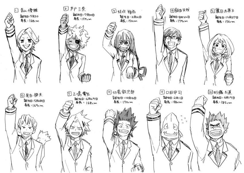 3girls, 6+boys, aoyama_yuuga, arm_up, ashido_mina, asui_tsuyu, boku_no_hero_academia, character_name