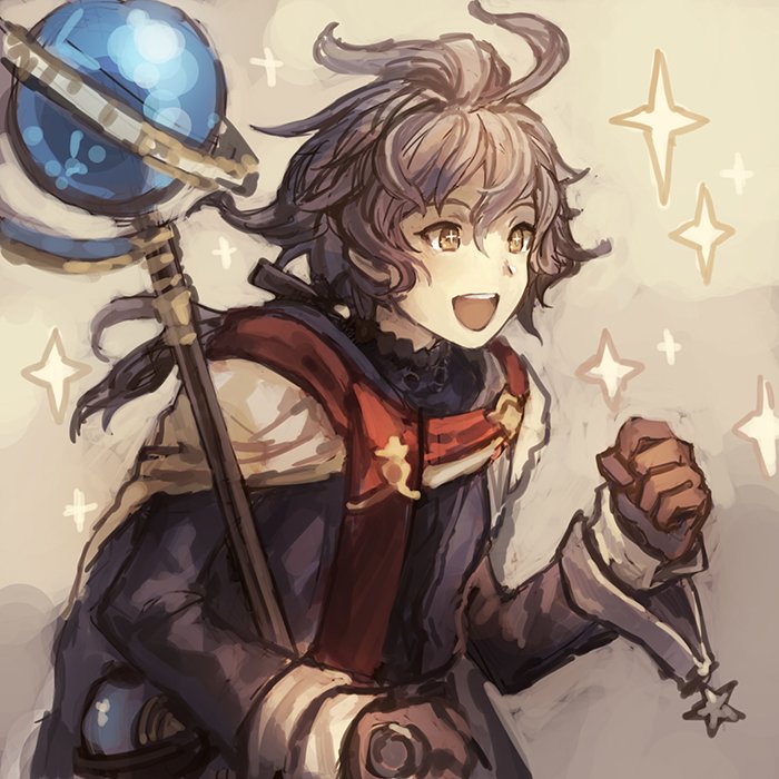 1boy, ahoge, brown_eyes, cape, gloves, granblue_fantasy, grey_hair, johann_(granblue_fantasy)