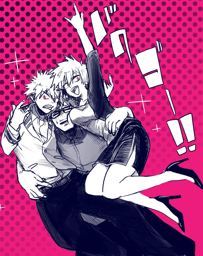 1girl, 2boys, \m/, bakugou_katsuki, bakugou_katsuki's_dad, bakugou_katsuki's_mom, black_hair, boku_no_hero_academia