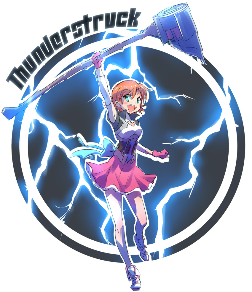 1girl, acdc, cleavage_cutout, english, fingerless_gloves, gloves, green_eyes, highres, iesupa, lightning, nora_valkyrie, orange_hair, rwby, skirt, solo, warhammer, weapon